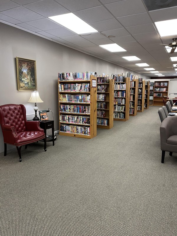 A reading chair is next to lamp and several shelves of books.